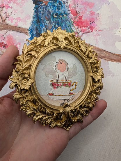 Mini Robin Bird on Teacup Painting - Original Watercolor Art by Lora Cavallin