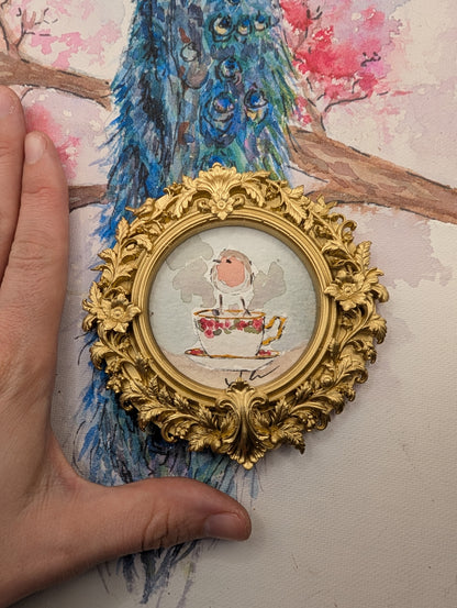 Mini Robin Bird on Teacup Painting - Original Watercolor Art by Lora Cavallin