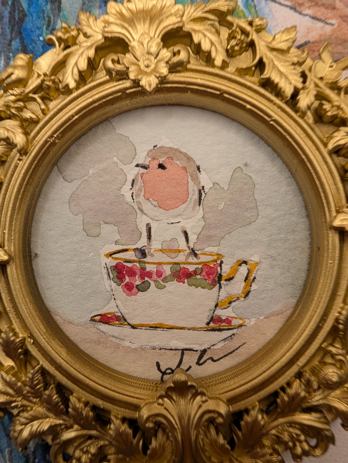 Mini Robin Bird on Teacup Painting - Original Watercolor Art by Lora Cavallin
