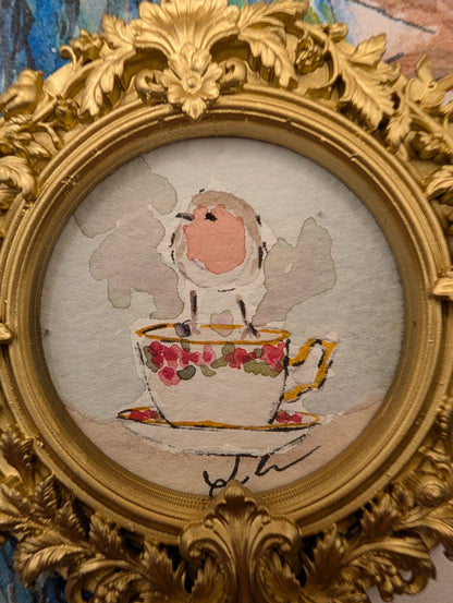 Mini Robin Bird on Teacup Painting - Original Watercolor Art by Lora Cavallin