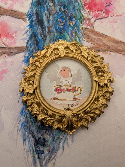 Mini Robin Bird on Teacup Painting - Original Watercolor Art by Lora Cavallin