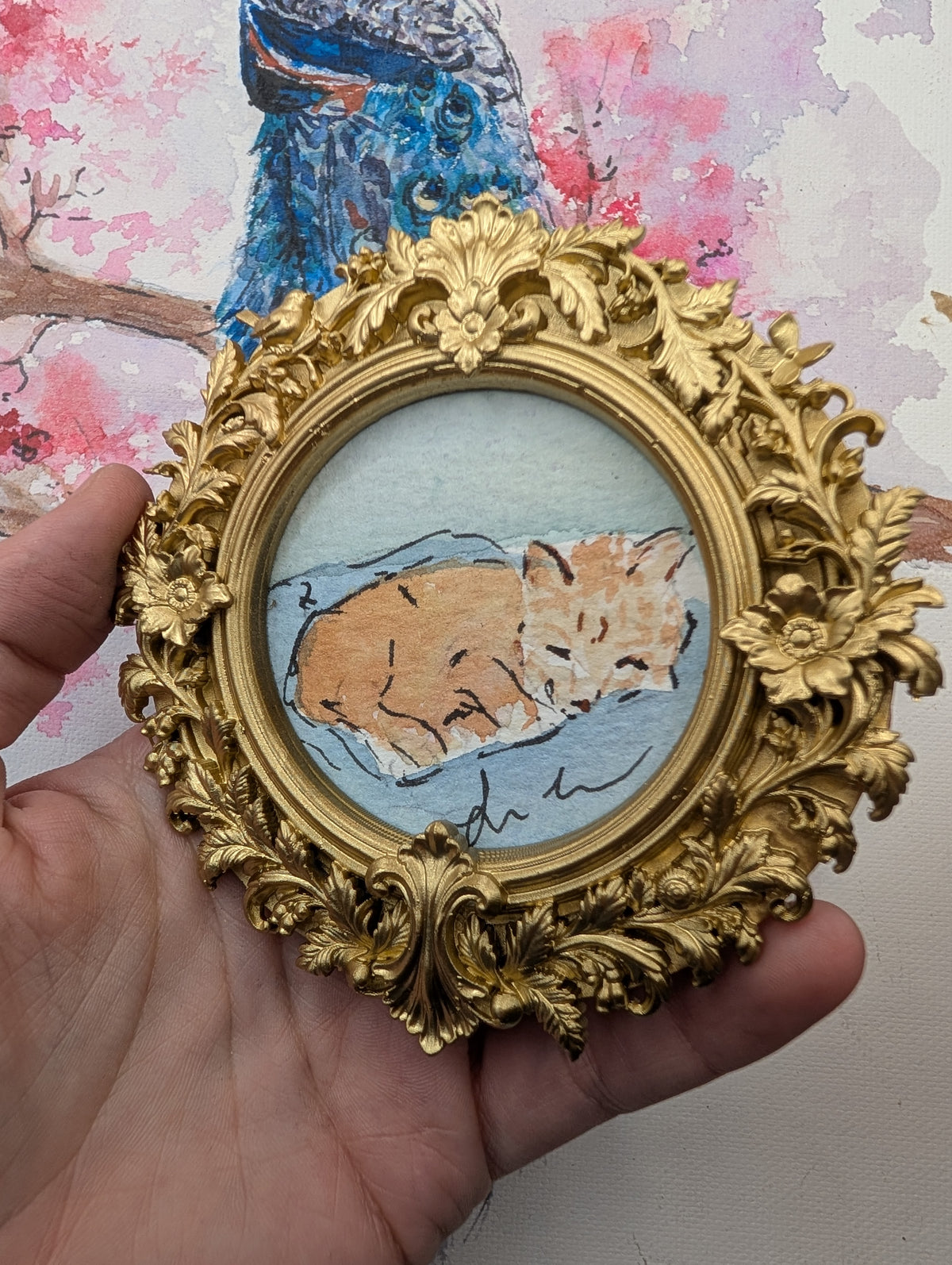 Mini Sleeping Cat Painting - Original Watercolor Art by Lora Cavallin