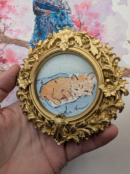 Mini Sleeping Cat Painting - Original Watercolor Art by Lora Cavallin