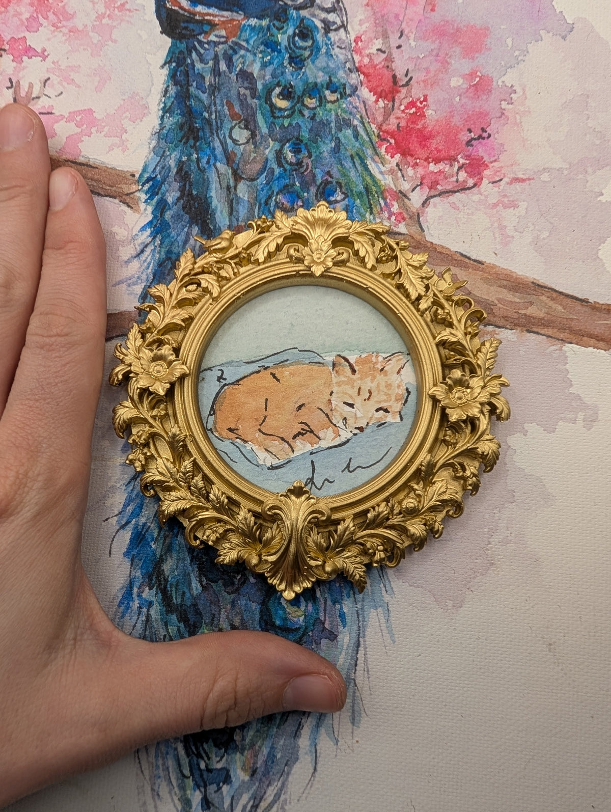 Mini Sleeping Cat Painting - Original Watercolor Art by Lora Cavallin