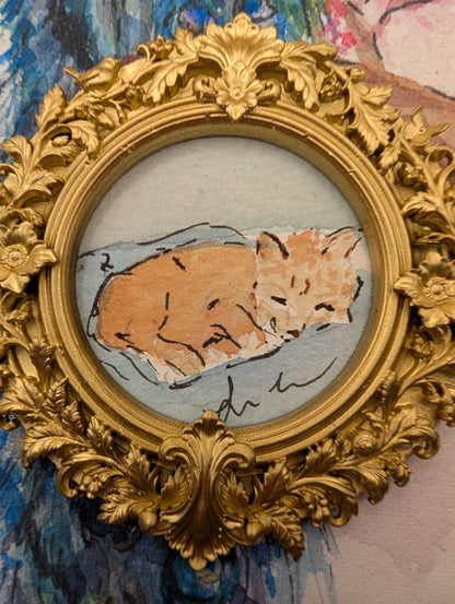 Mini Sleeping Cat Painting - Original Watercolor Art by Lora Cavallin