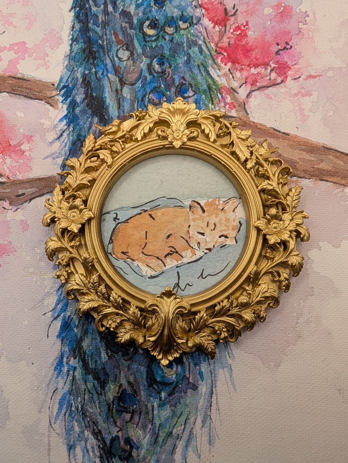 Mini Sleeping Cat Painting - Original Watercolor Art by Lora Cavallin