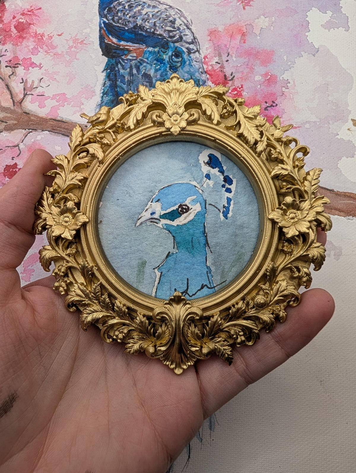 Mini Peacock Painting - Original Watercolor Art by Lora Cavallin
