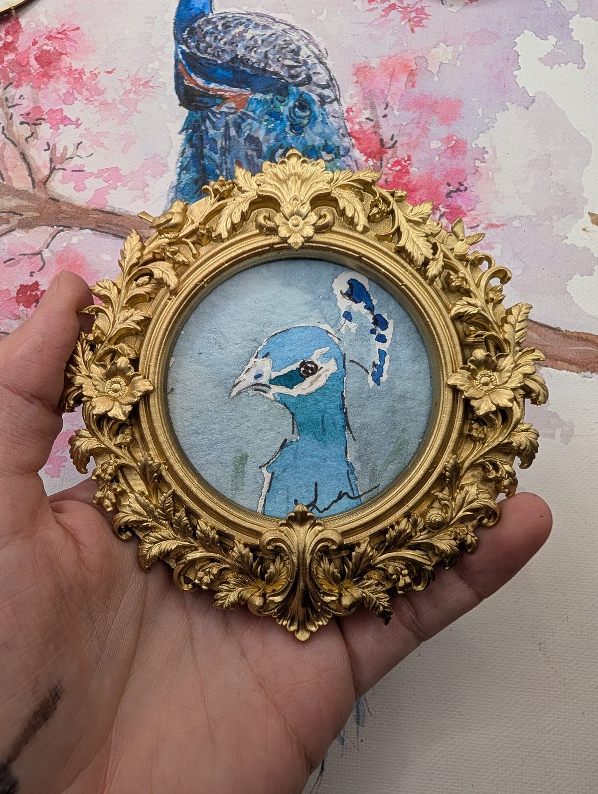 Mini Peacock Painting - Original Watercolor Art by Lora Cavallin