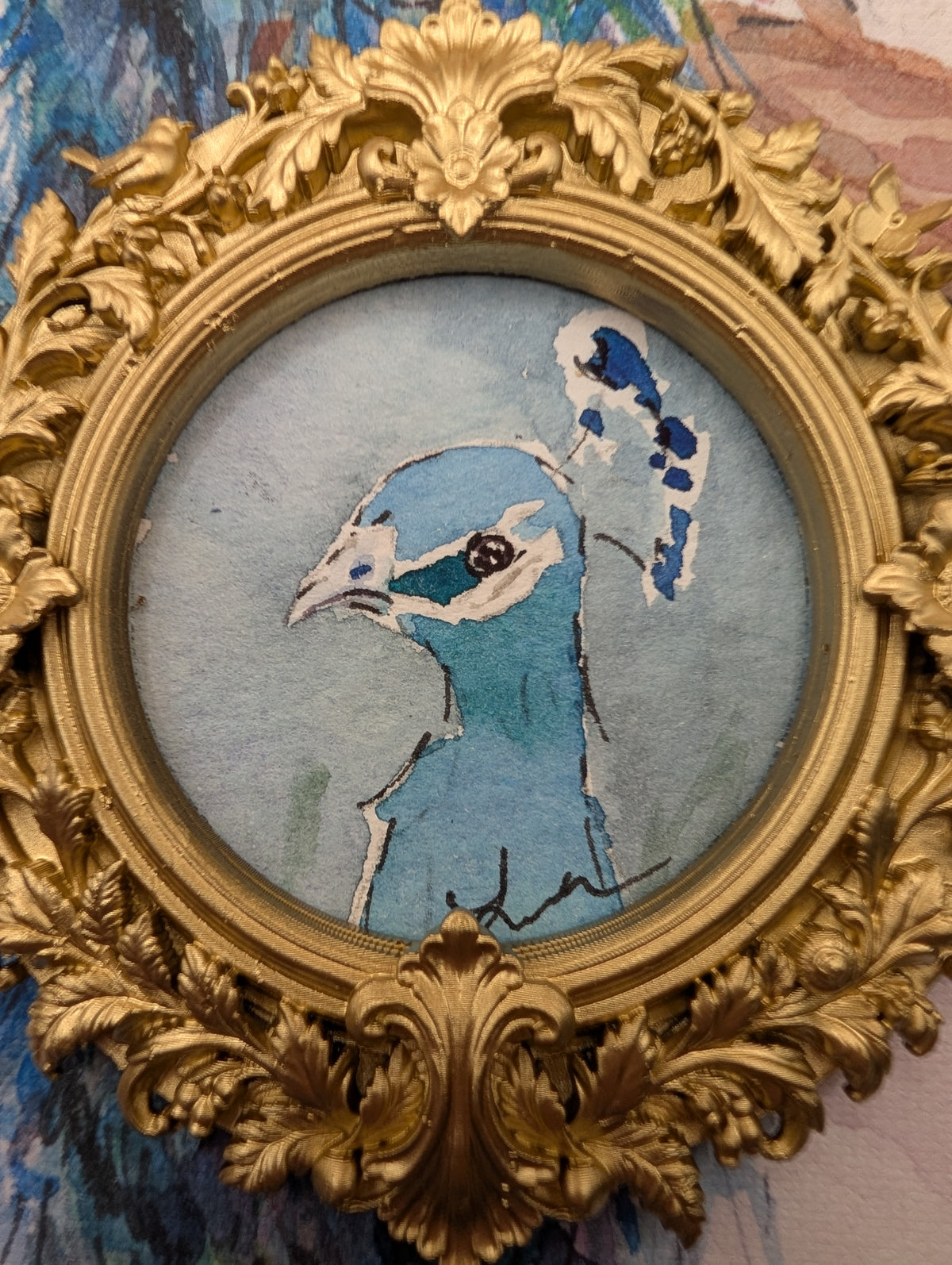 Mini Peacock Painting - Original Watercolor Art by Lora Cavallin