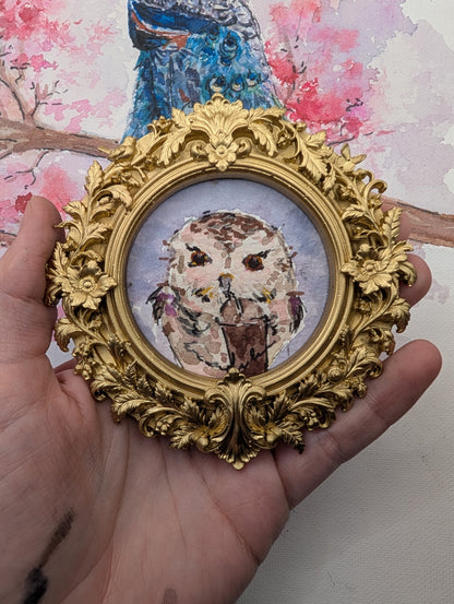 Mini Owl with Frozen Coffee Painting - Original Watercolor Art by Lora Cavallin