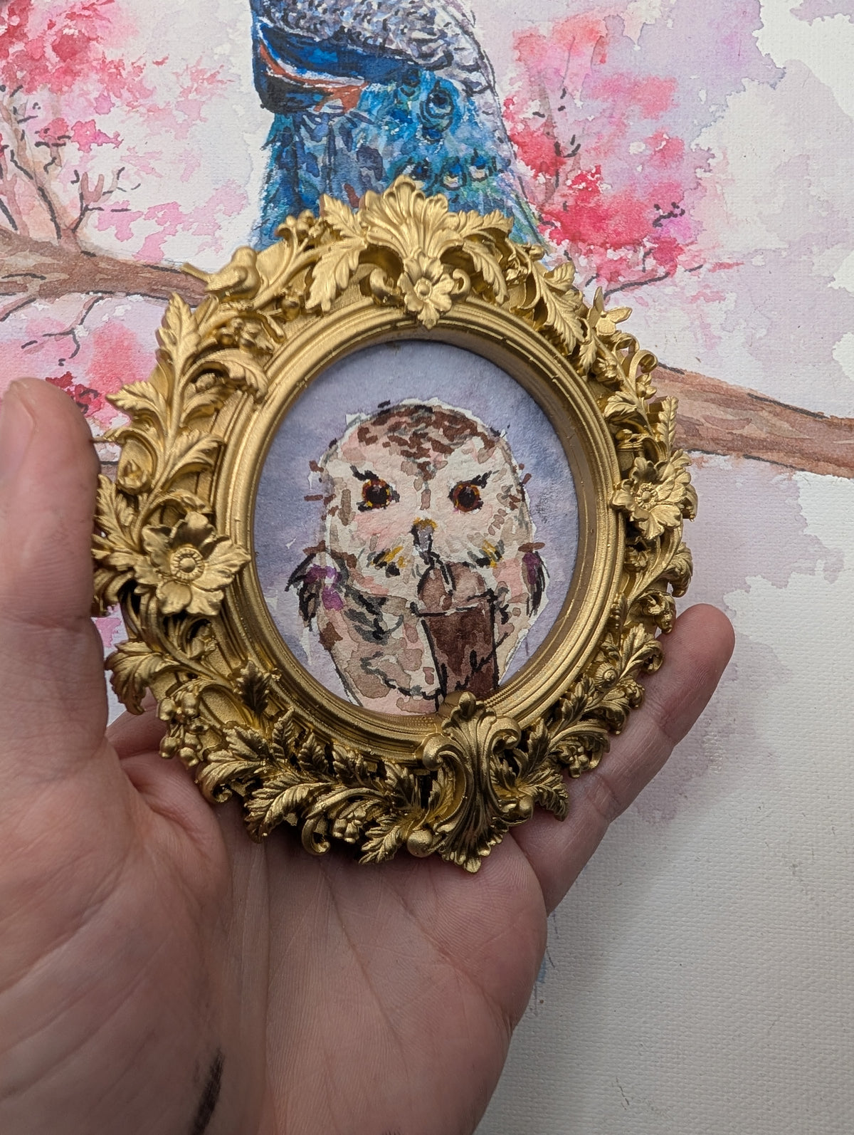 Mini Owl with Frozen Coffee Painting - Original Watercolor Art by Lora Cavallin