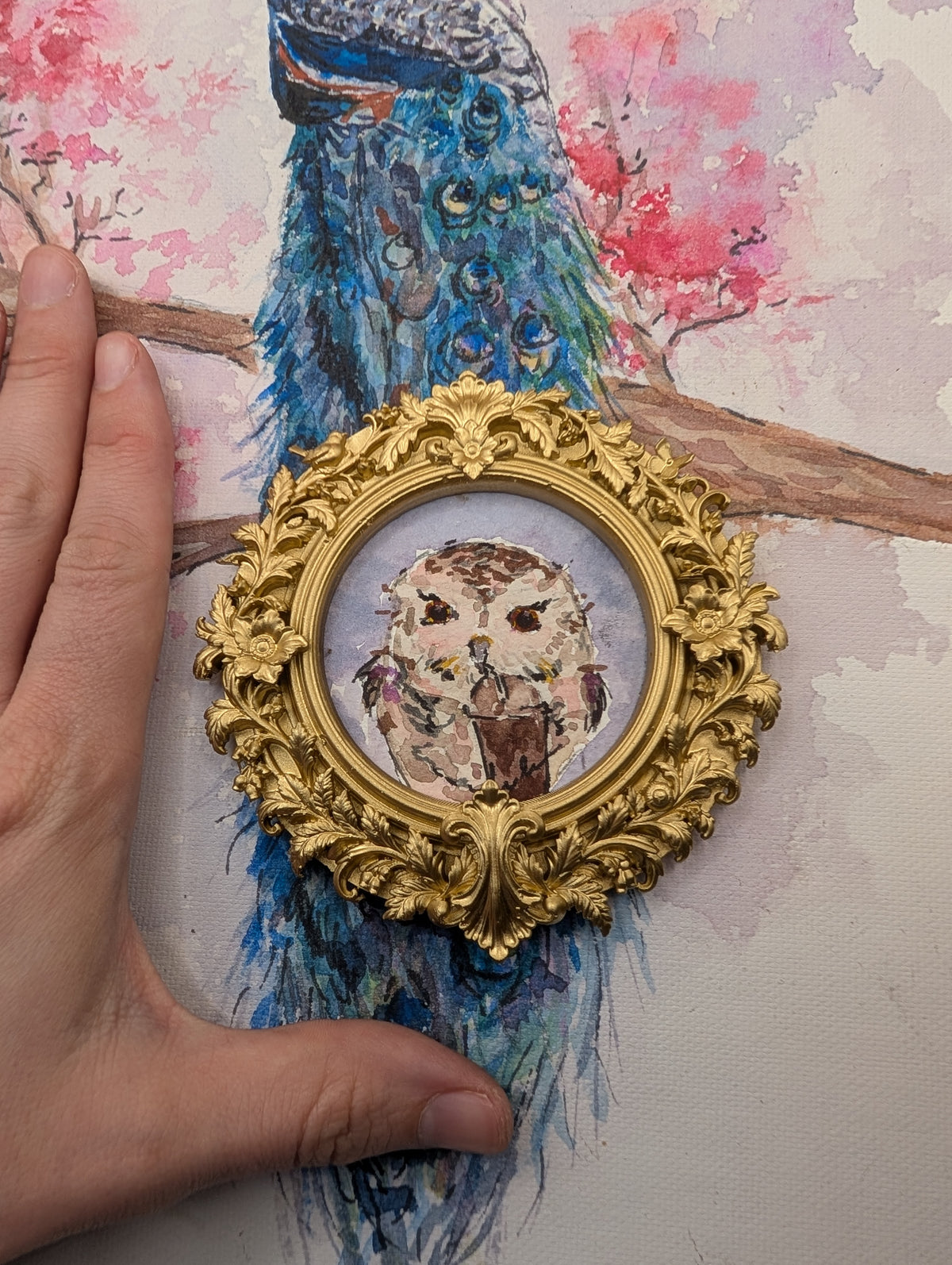 Mini Owl with Frozen Coffee Painting - Original Watercolor Art by Lora Cavallin