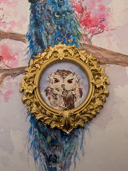 Mini Owl with Frozen Coffee Painting - Original Watercolor Art by Lora Cavallin