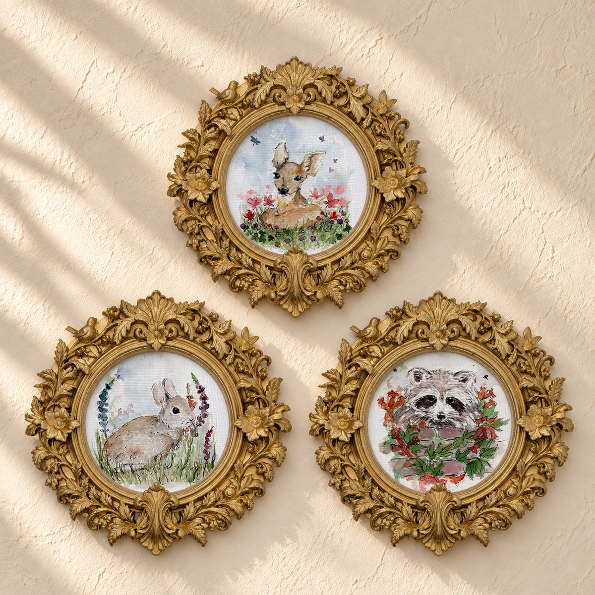 Meadow Babies Trio - bunny, fawn, and raccoon in round gold baroque frames