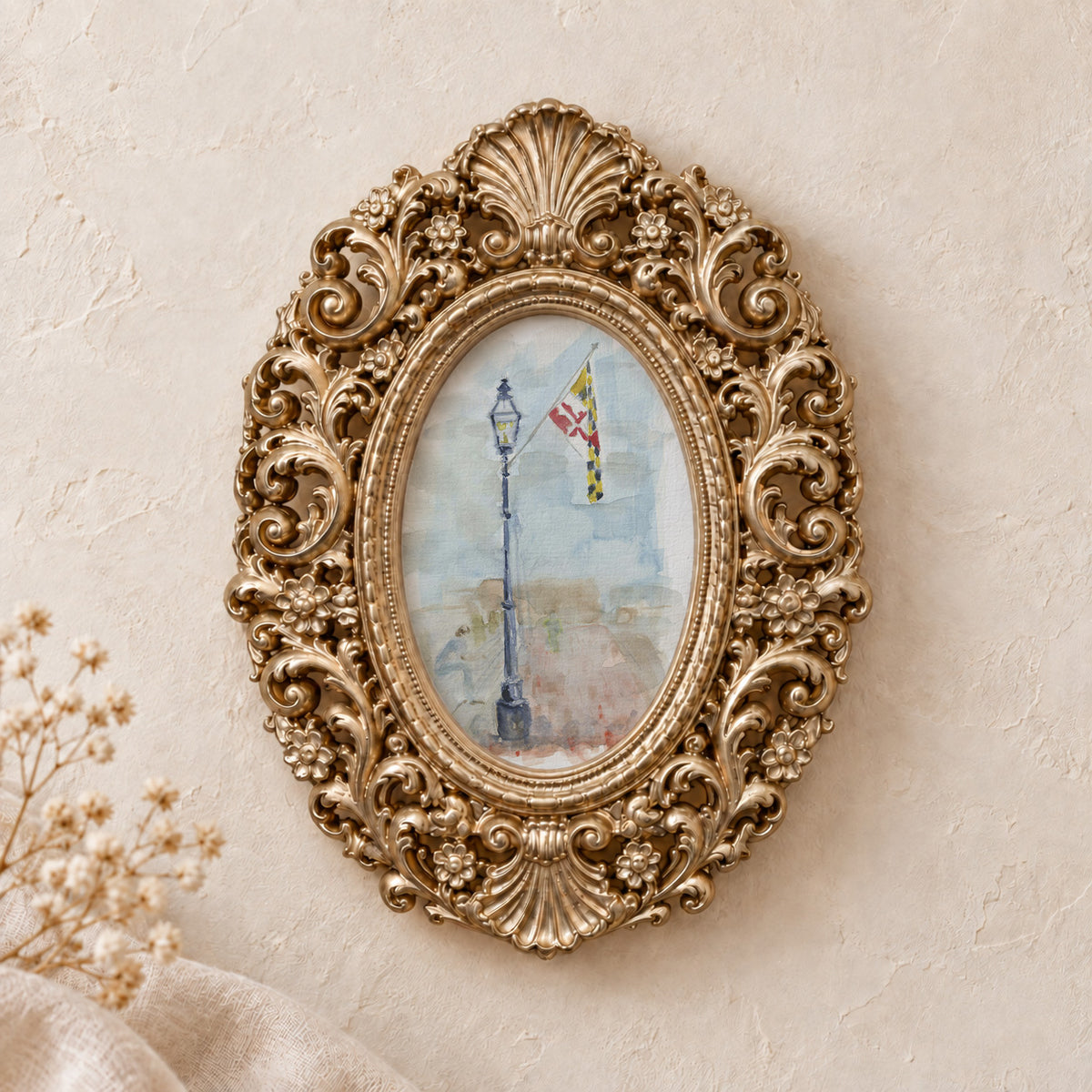 Annapolis Harbor framed art print, gold baroque frame