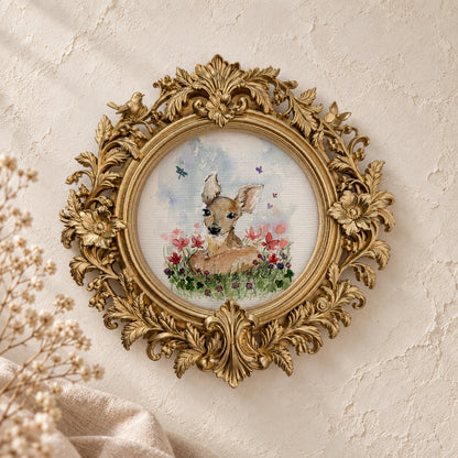 Baby Deer and Flowers round framed art print, gold baroque frame