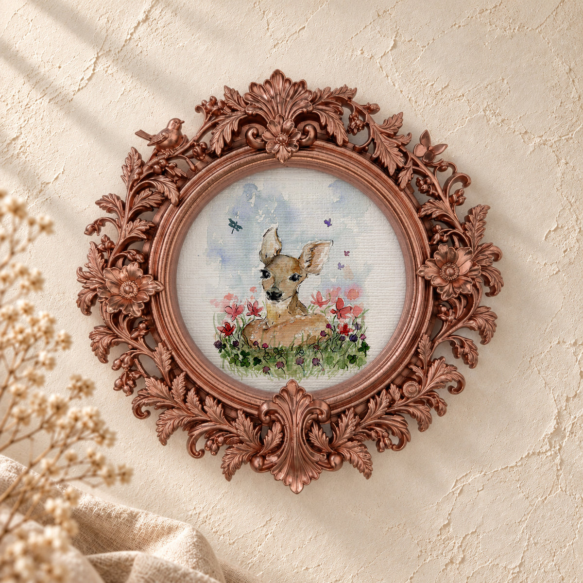 Baby Deer and Flowers round framed art print, rose gold baroque frame