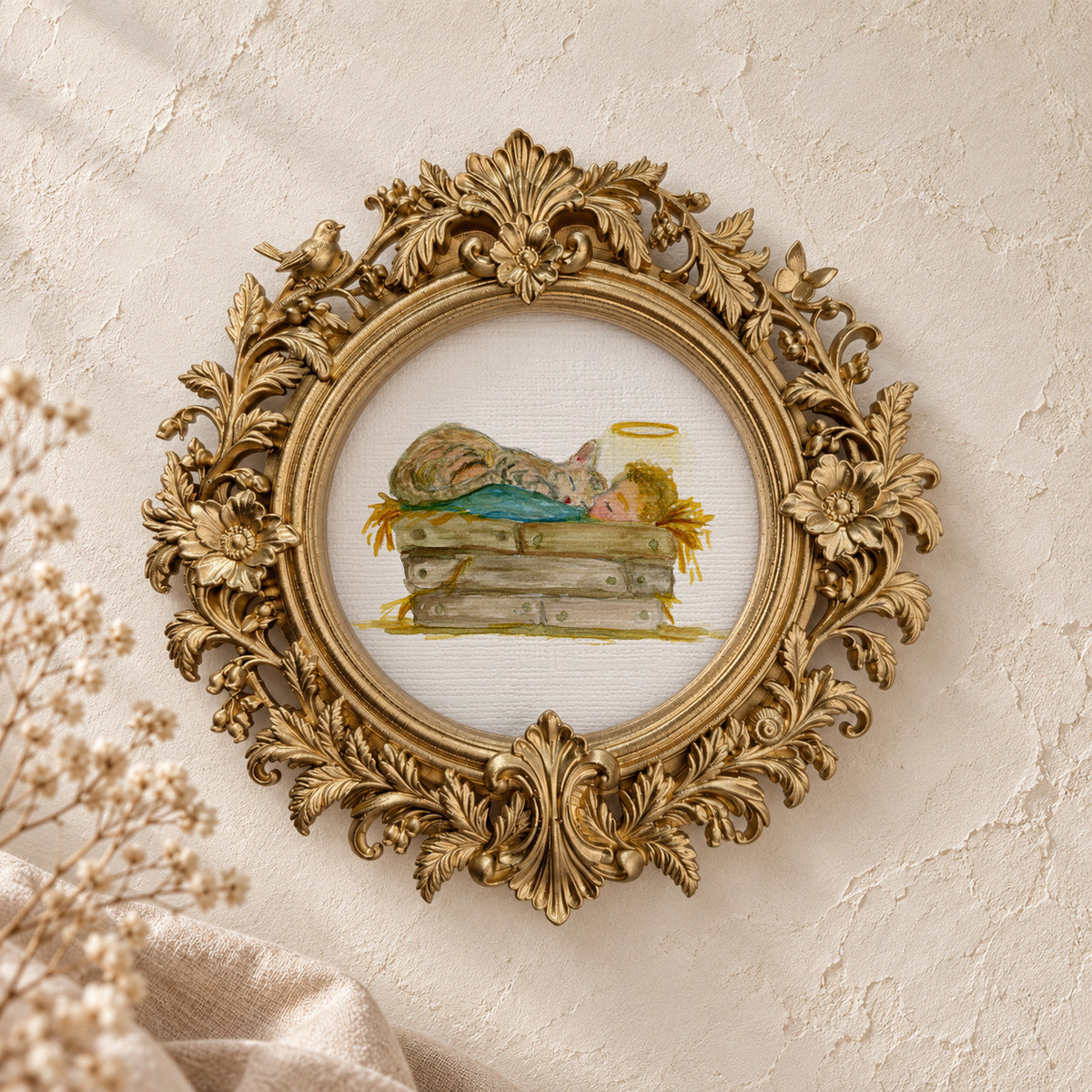 Baby Jesus and a Cat in the Crib round framed art print, gold baroque frame