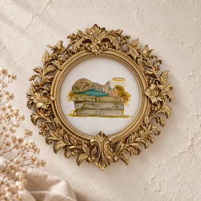 Baby Jesus and a Cat in the Crib round framed art print, gold baroque frame