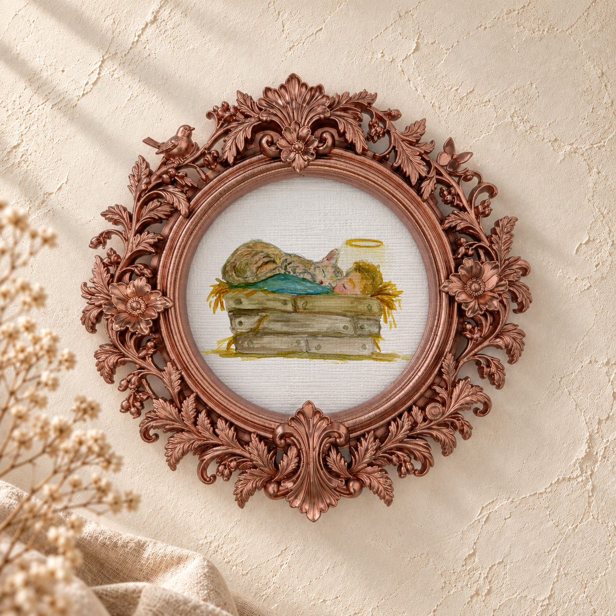 Baby Jesus and a Cat in the Crib round framed art print, rose gold baroque frame