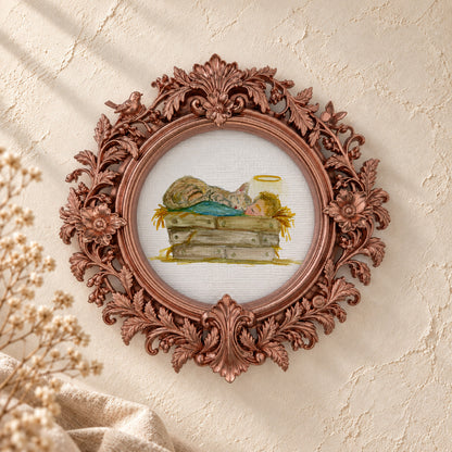 Baby Jesus and a Cat in the Crib round framed art print, rose gold baroque frame
