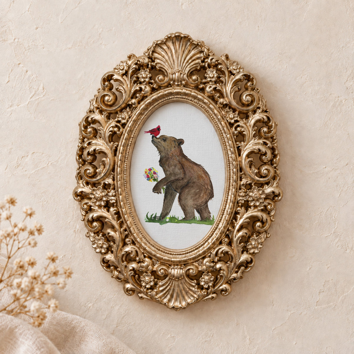 Bear and Cardinal Friends framed art print, gold baroque frame