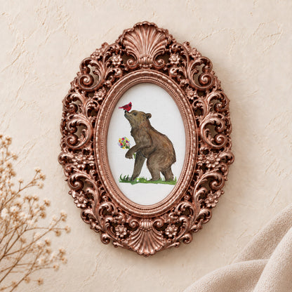 Bear and Cardinal Friends framed art print, rose gold baroque frame