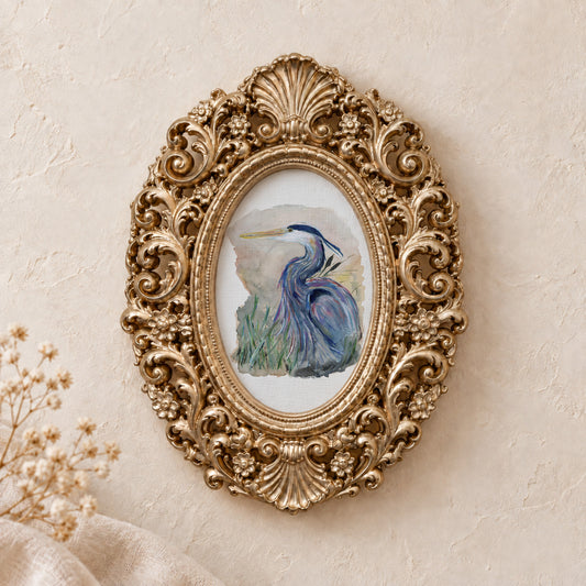 Blue Heron Portrait framed art print, gold baroque frame