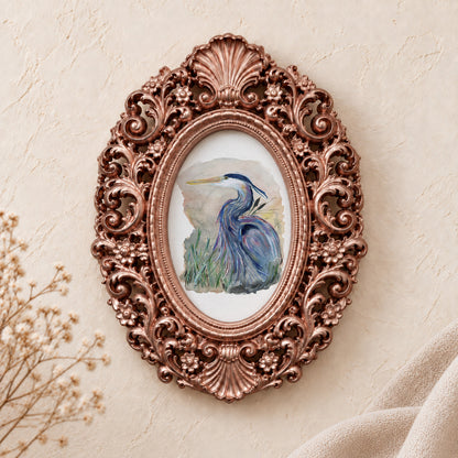 Blue Heron Portrait framed art print, rose gold baroque frame