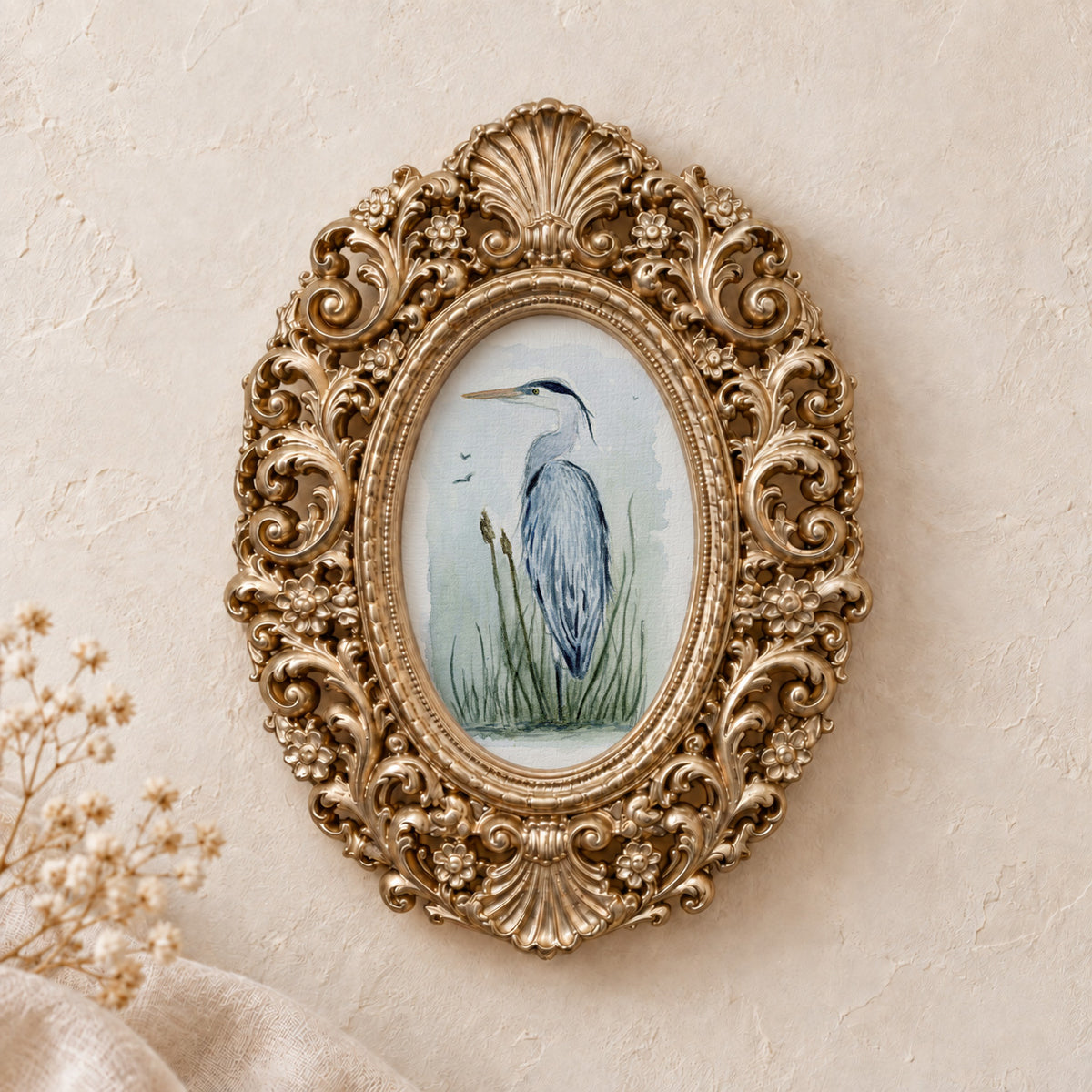 Blue Heron in Reeds framed art print, gold baroque frame