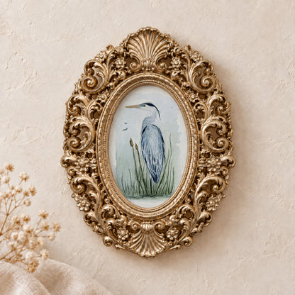 Blue Heron in Reeds framed art print, gold baroque frame
