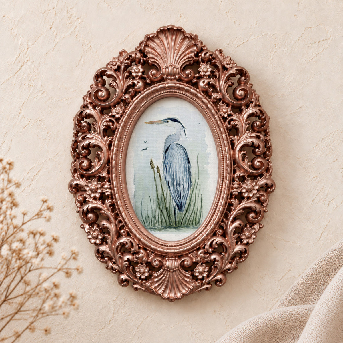 Blue Heron in Reeds framed art print, rose gold baroque frame