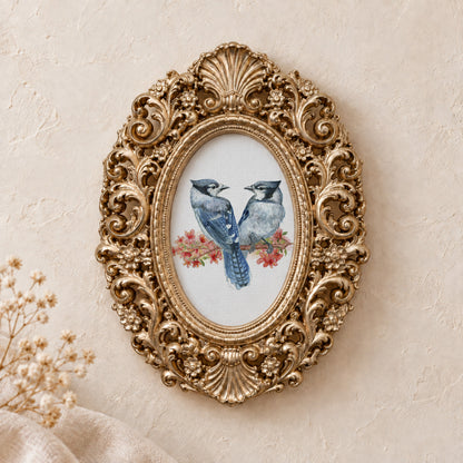 Blue Jays in Blossom framed art print, gold baroque frame