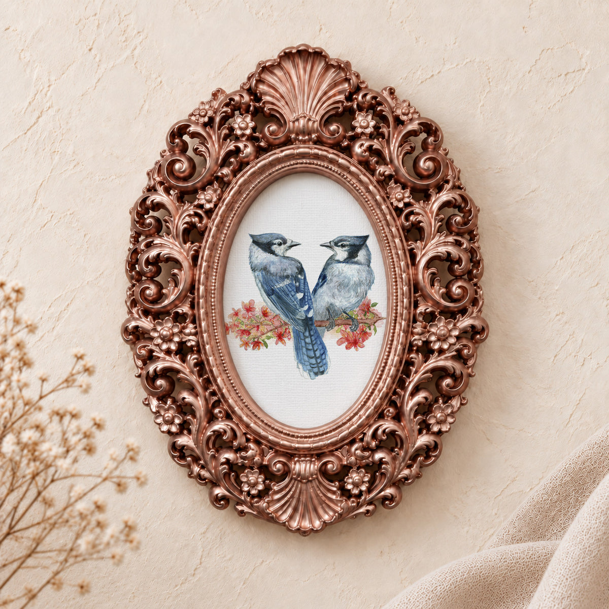 Blue Jays in Blossom framed art print, rose gold baroque frame