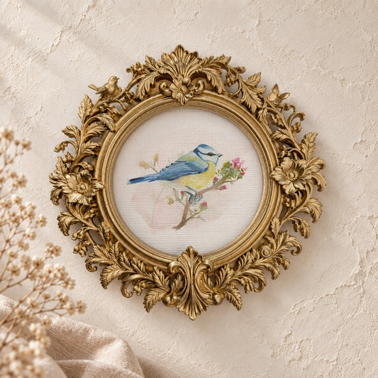 Blue Tit with Blossoms round framed art print, gold baroque frame