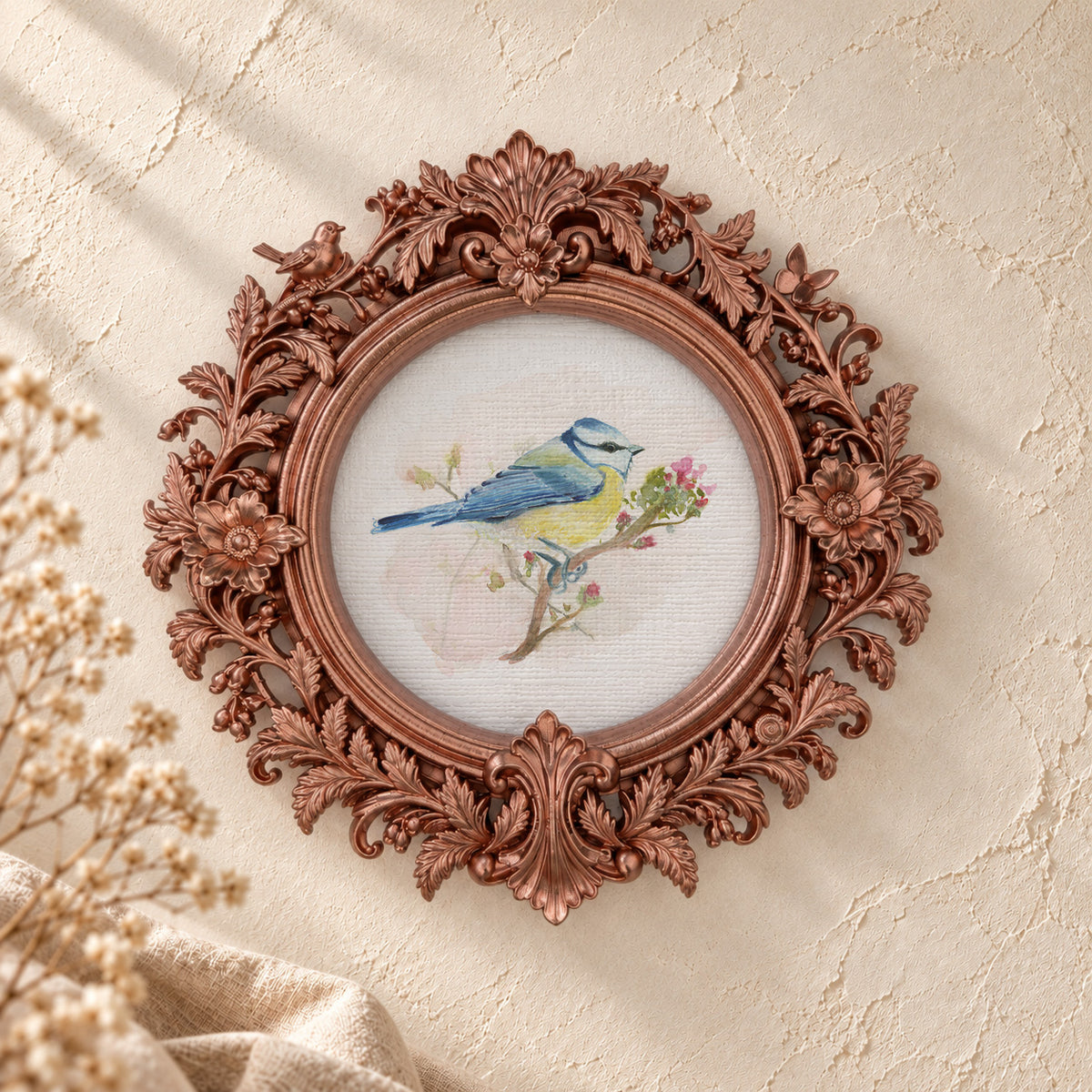 Blue Tit with Blossoms round framed art print, rose gold baroque frame