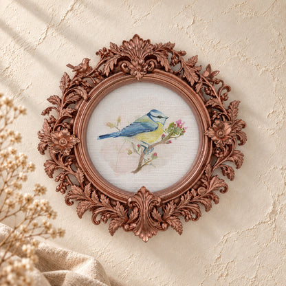 Blue Tit with Blossoms round framed art print, rose gold baroque frame