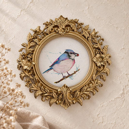 Bluebird Splatter round framed art print, gold baroque frame