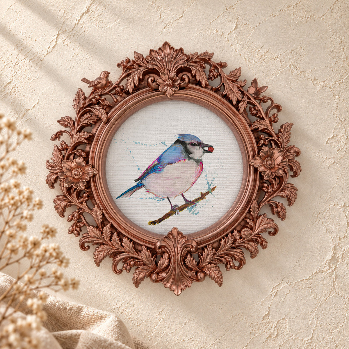 Bluebird Splatter round framed art print, rose gold baroque frame