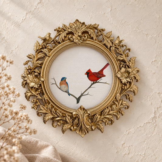 Bluebird and Cardinal on a Branch round framed art print, gold baroque frame