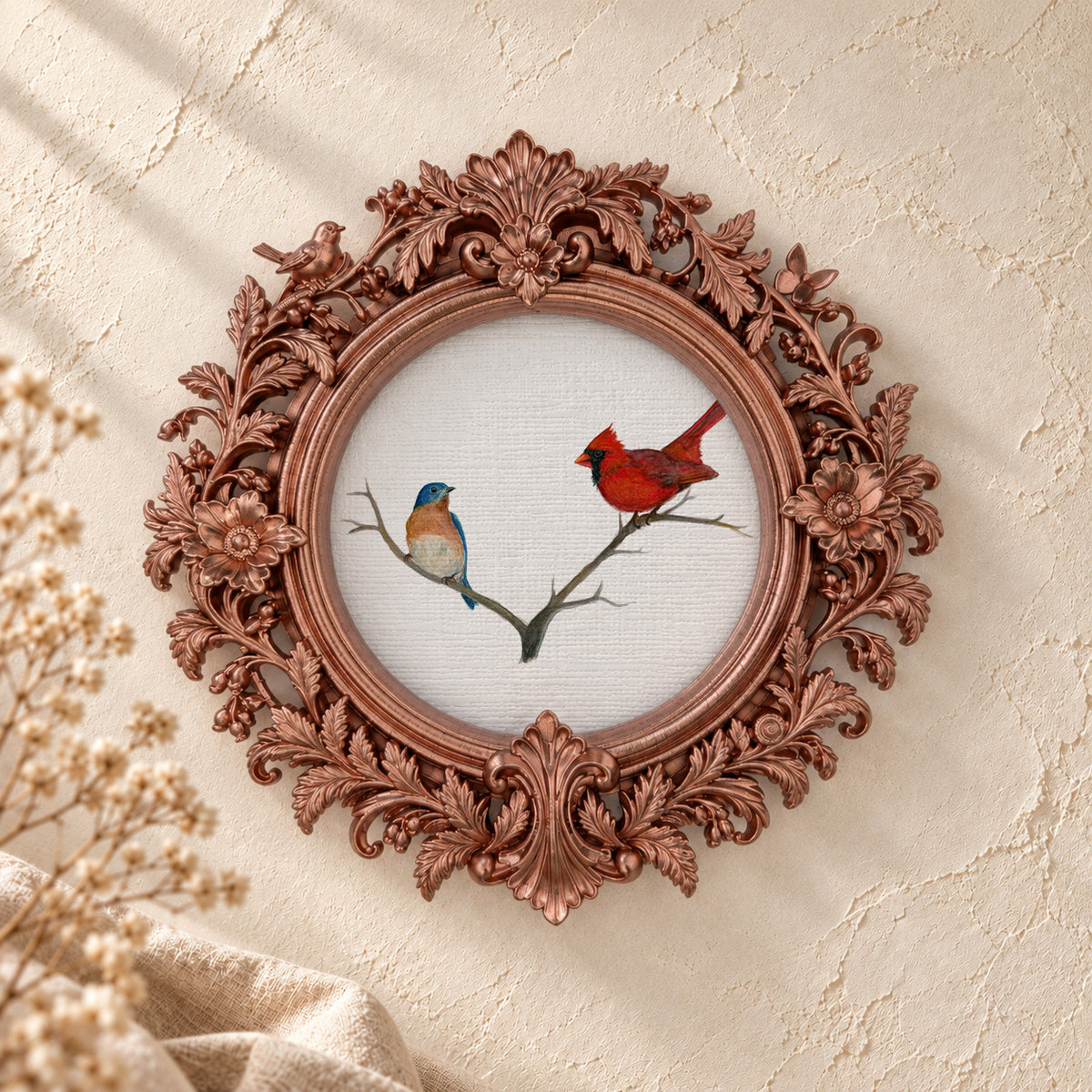 Bluebird and Cardinal on a Branch round framed art print, rose gold baroque frame
