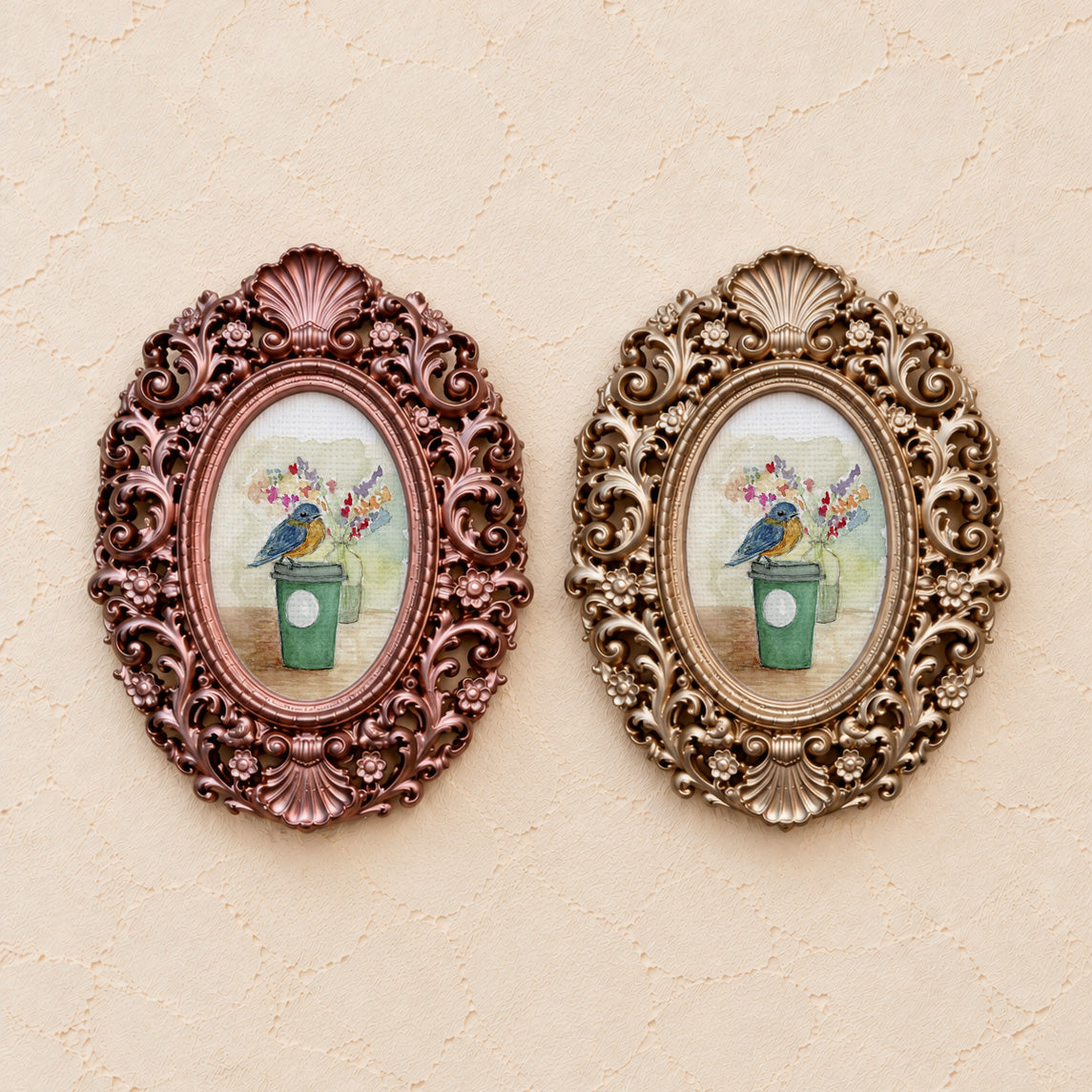 Bluebird and Coffee, gold and rose gold side by side