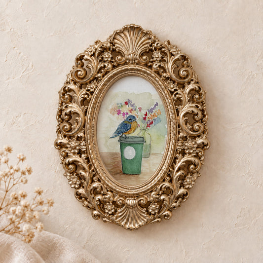 Bluebird and Coffee framed art print, gold baroque frame