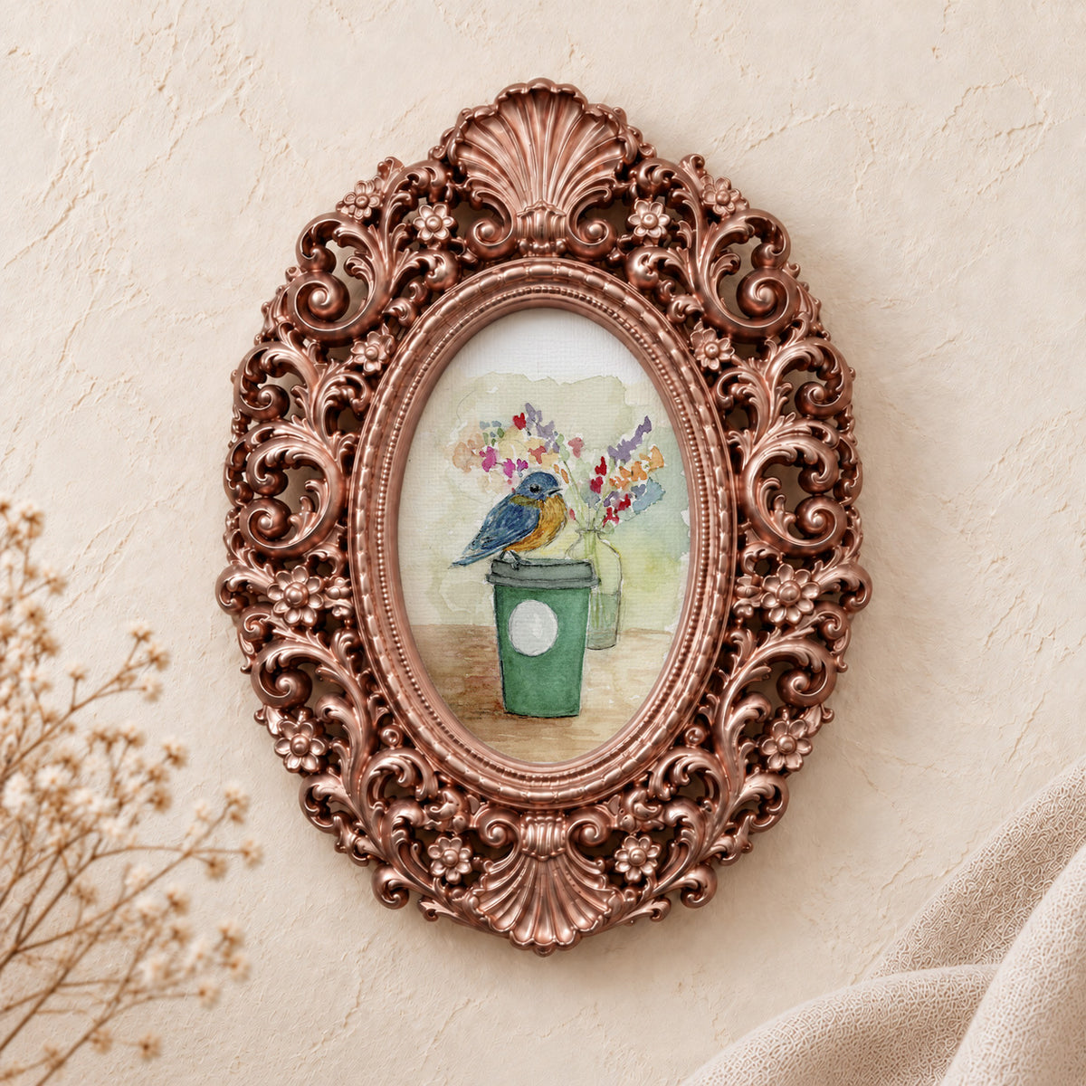 Bluebird and Coffee framed art print, rose gold baroque frame