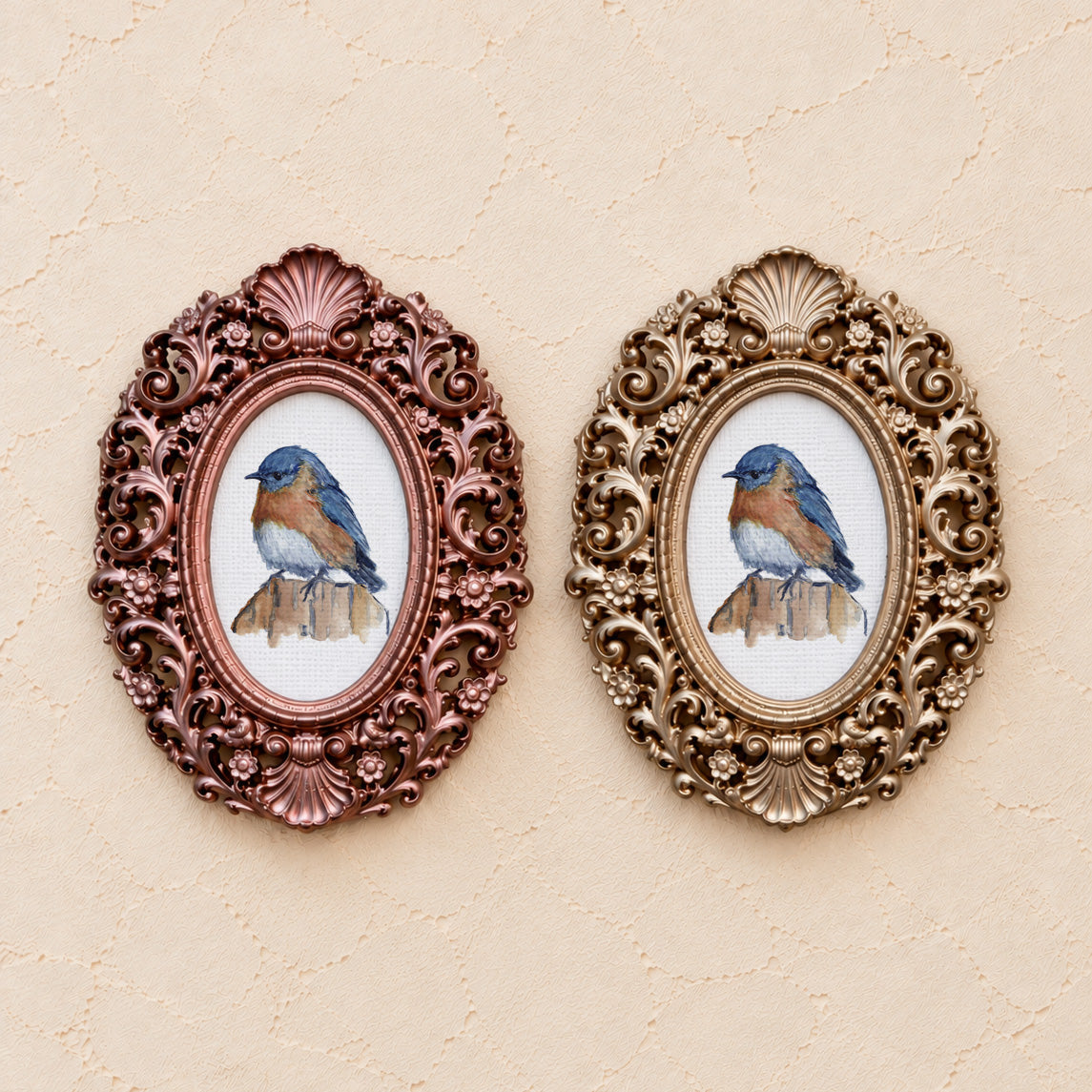 Bluebird on a Post, gold and rose gold side by side
