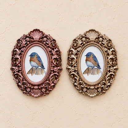 Bluebird on a Post, gold and rose gold side by side