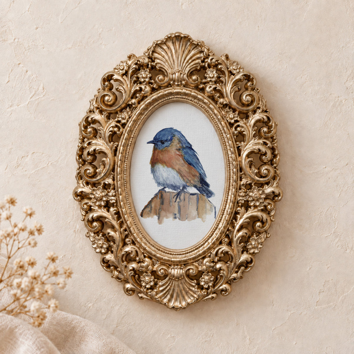 Bluebird on a Post framed art print, gold baroque frame