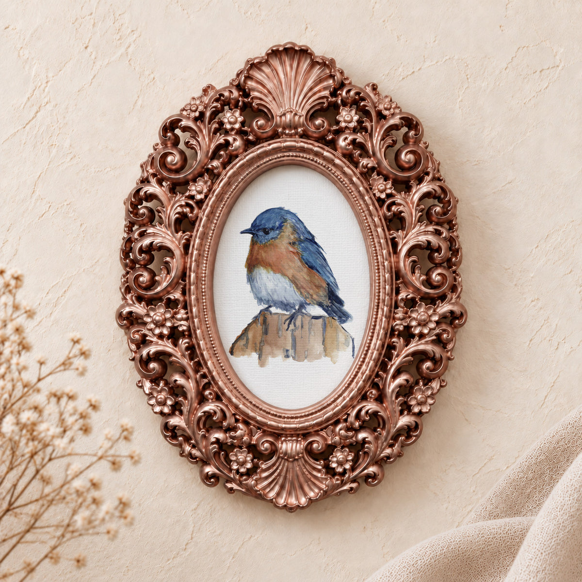 Bluebird on a Post framed art print, rose gold baroque frame