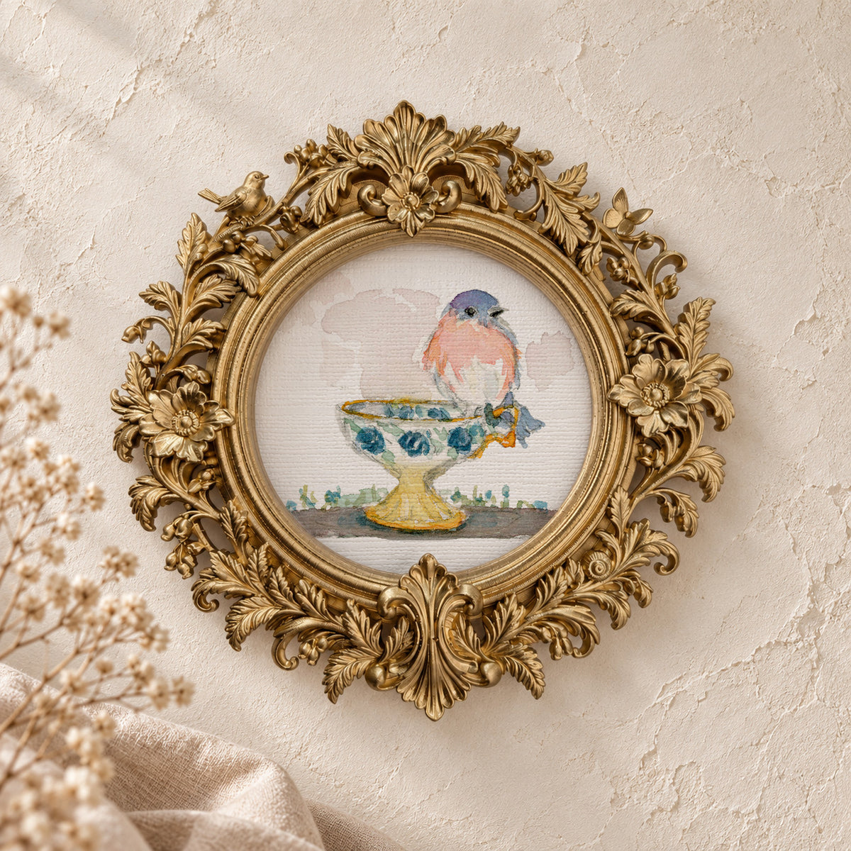 Bluebird on a Teal Teacup round framed art print, gold baroque frame