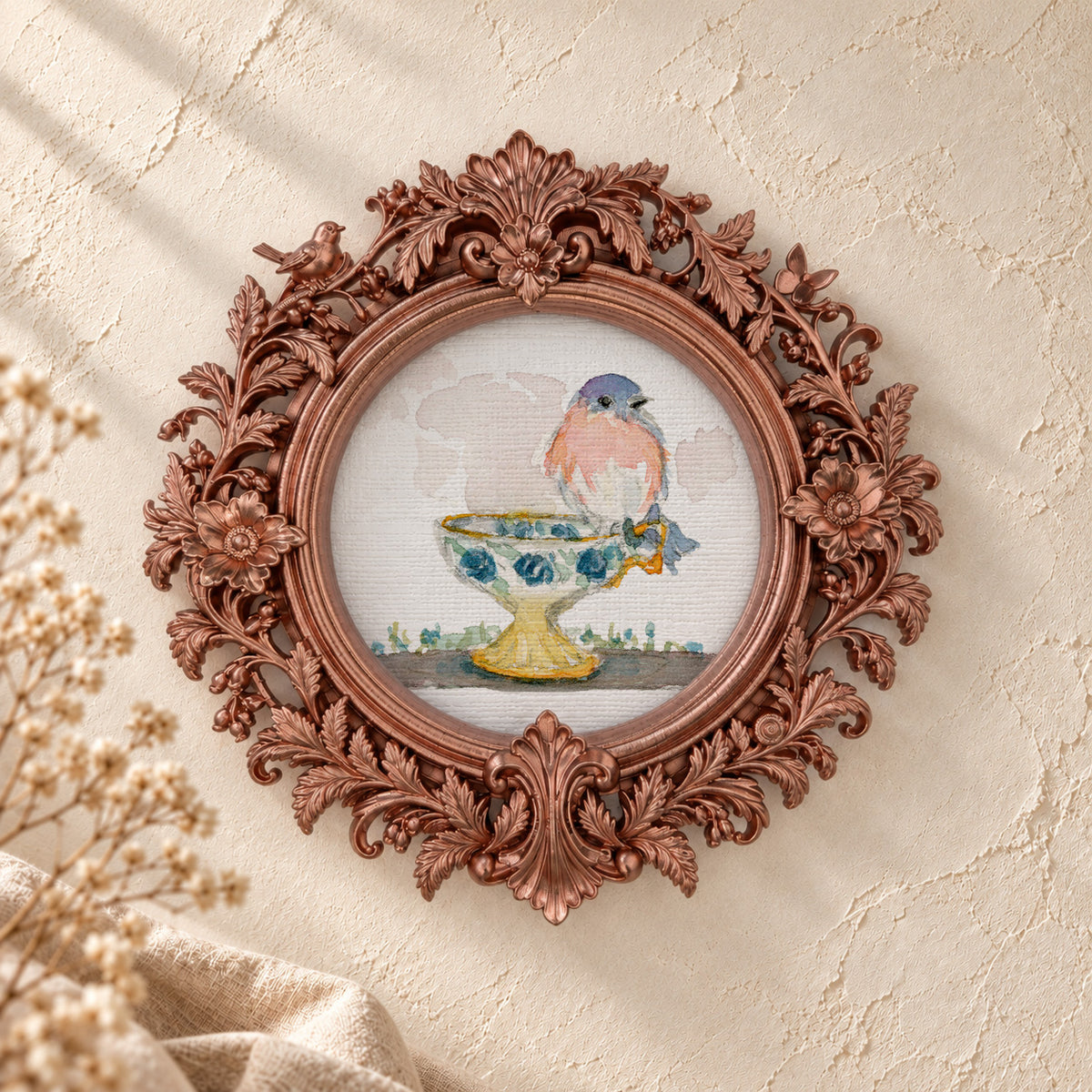 Bluebird on a Teal Teacup round framed art print, rose gold baroque frame